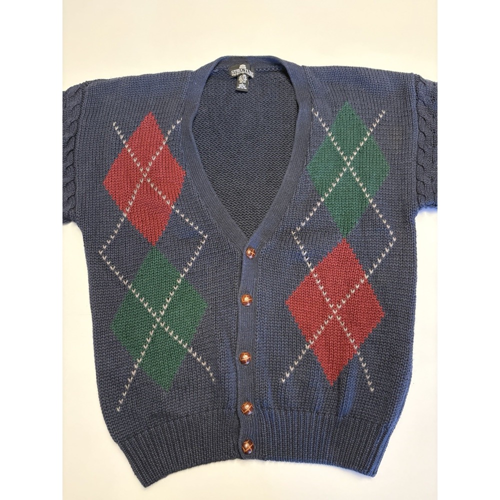 Vintage Structure Argyle Cardigan Mens L Navy Blue Cotton Hong Kong 90s Preppy